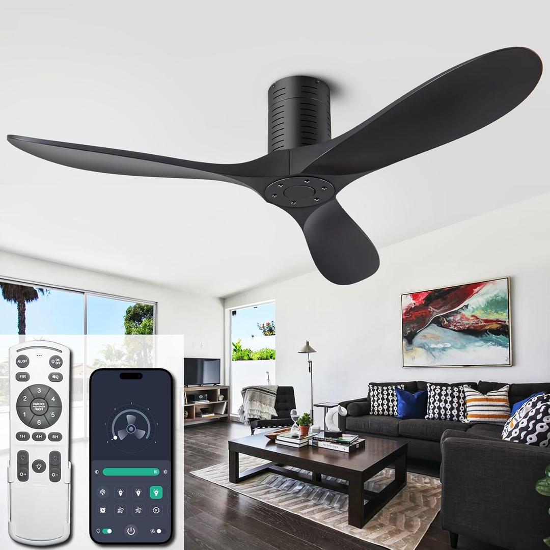 52 Flush Mount Ceiling Fans No Lights and Remote/APP Control, 6 Speed DC Motor, Low Profile Ceiling Fan Without Light for Bedroom, Hallway,Indoor/Outdoor(Matte Black)