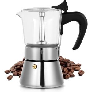 Induction Moka Pot, 6 Cups (10.6 oz) Crystal Glass-Top & Stainless Steel Moka Pot, Classic Stovetop Espresso Maker, Silver