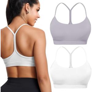Buauty 2 Packs Y Back Sports Bra for Women, Low Impact Padded Racerback Spaghetti Strap Bras, Workout Yoga Tops (Small, 2p-white+purple)