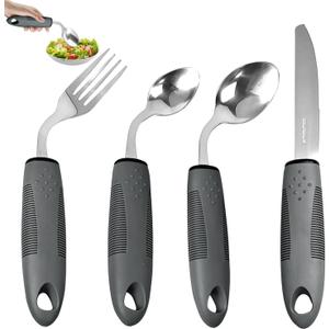 Weighted Adaptive Utensils, 4 Pcs Adaptive Utensils for Hand Tremors and Parkinsons Patients, 45Angled Weighted Silverware for Hand Tremors, Parkinsons Care Gift Pick (Left-Handed)