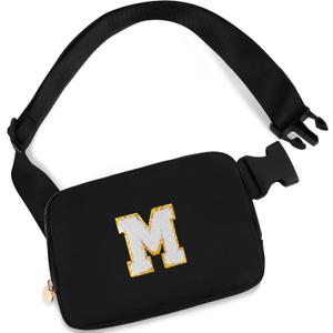 Fashion Waist Packs Cute Teen Trendy Stuff Travel Essentials,Birthday Gifts for 6 7 8 9 10 11 12 13 Year Old Girl,Fanny Pack Crossbody Bags for Girls Kids,Initial White M,Black Bag