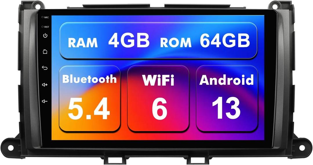 4+64G Android 13 Double Din Car Stereo for Toyota Sienna 2011-2014 with 9 Inch Touchscreen Radio Built-in Wireless Carplay/Android Auto/GPS/Bluetooth/FM/AUX/SWC/Backup Camera