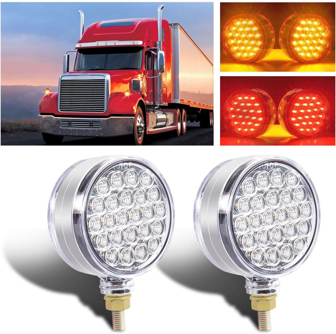 2x Round Double Face Fender Turn Signal Amber/Red Lights 48 LEDs Single Stud Led Stop Marker Running Lights Pedestal Compatible with Peterbilt/Freightliner IP67 clear lens