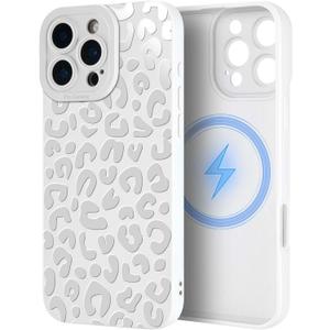 Case for iPhone 16 Pro Max [Compatible with MagSafe] Built in Magnetic Cute Girly Sleek Boho Aesthetic Style Design for Women Girls Gray Grey Animal Leopard Print Soft TPU Protective Shockproof White