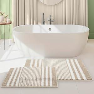 Tindbea Bathroom Rugs Set 2 Piece, Extra Soft and Absorbent Fluffy Striped Chenille Bath Mat Rug Set, Non Slip Bathroom Floor Mat, Machine Washable (20" x 32" Plus 16" x 24", Khaki)