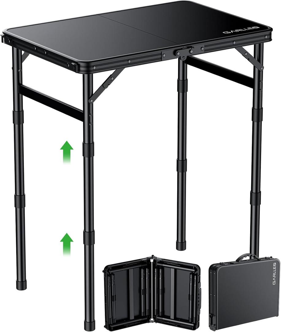 GARLLEN Folding Camping Table with Waterproof Plastic Tabletop, Portable Folding Picnic Table with 3-Adjustable Height, Aluminum Frame Outdoor Table for BBQ, Camping, Indoor Use, 22.8" L x 15.7" W, Tabletop Size: 22.8"L x 15.7"W