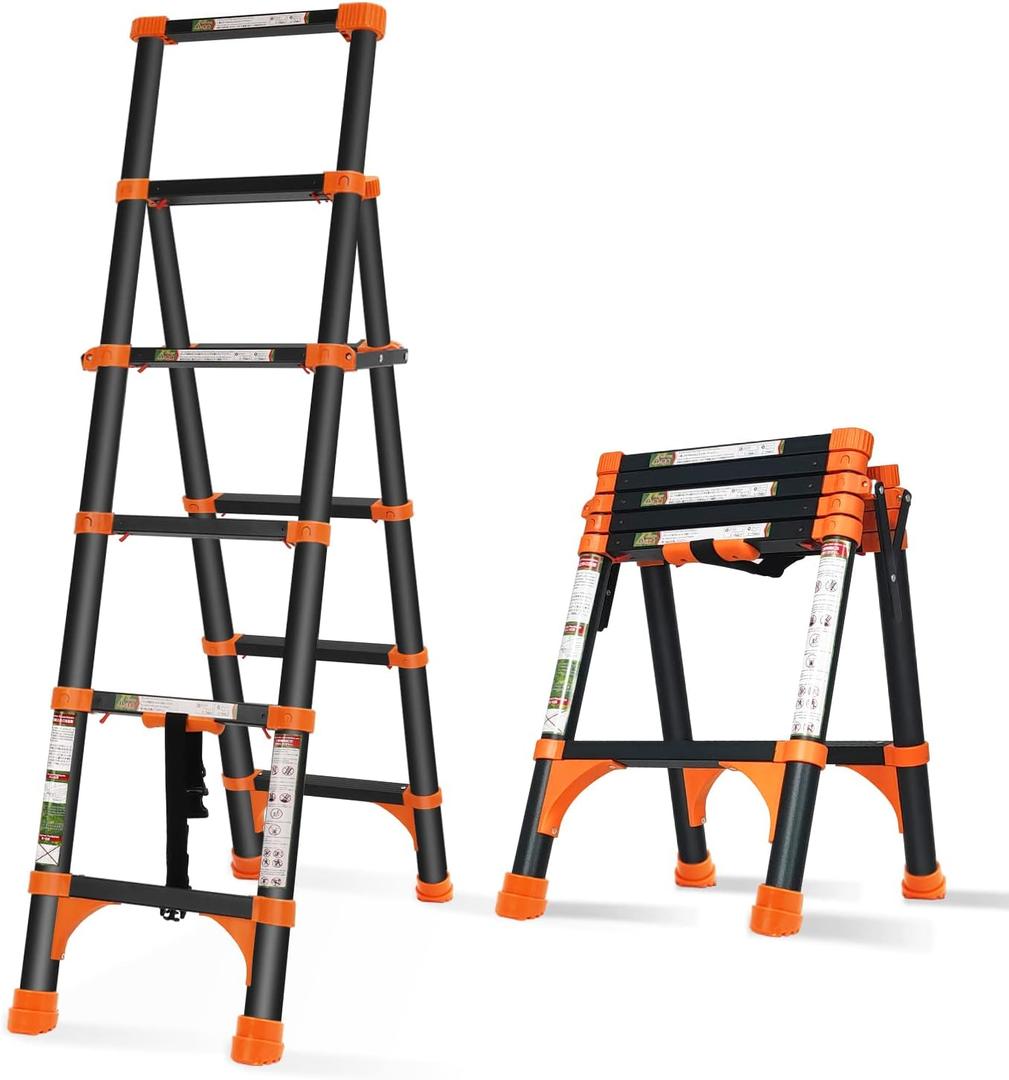 RIKADE Telescoping Ladder, A-Frame Aluminum Telescopic Ladder with 1-Button Retraction, Portable Extension Ladder Adjustable Lightweight Folding Ladder for Home or RV Work, 330lb Capacity(1.4+1.7M)