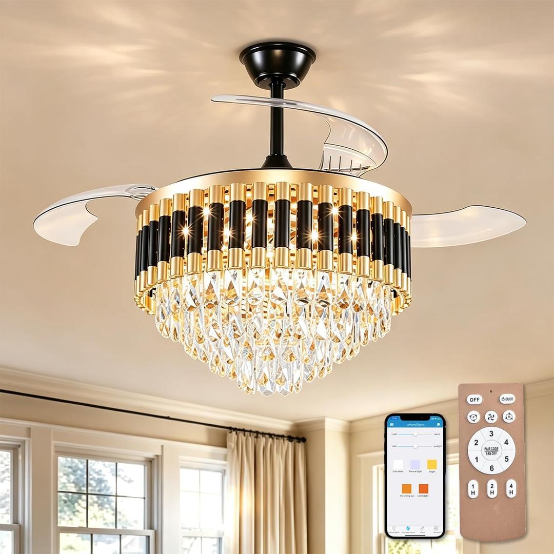 42'' Crystal Ceiling Fan Fandelier with Lights-Low Profile Flush Mount Ceiling Light with Fan, Reversible and Remote Control Black Ceiling Fan Light for Bedroom, Living Room, Large