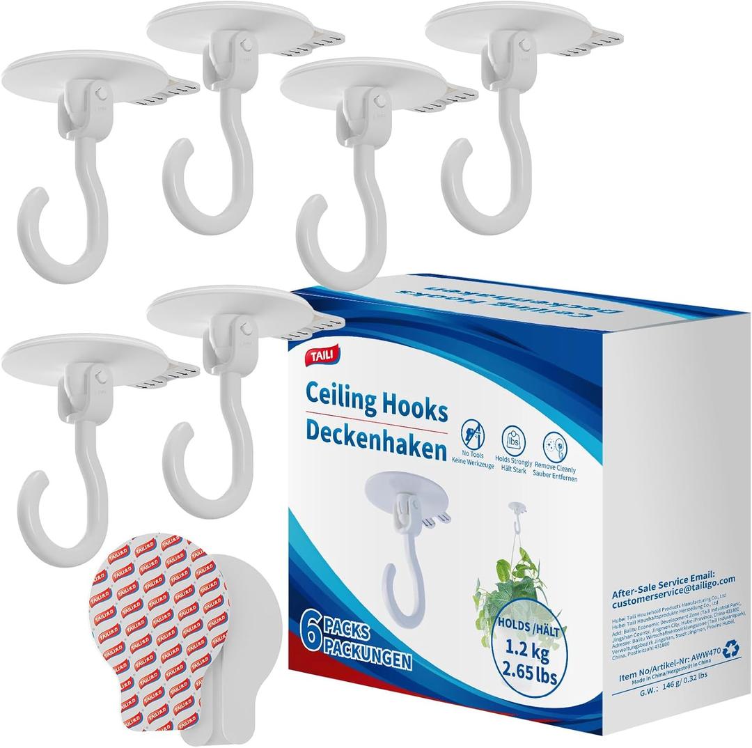 TAILI Adhesive Ceiling Hooks for Hanging Plants, Heavy Duty No-Drill Removable Sticky Wall Hooks Hanging Christmas Lights Garland Coat for Door Kitchen, Renter Friendly - 6 Pack White