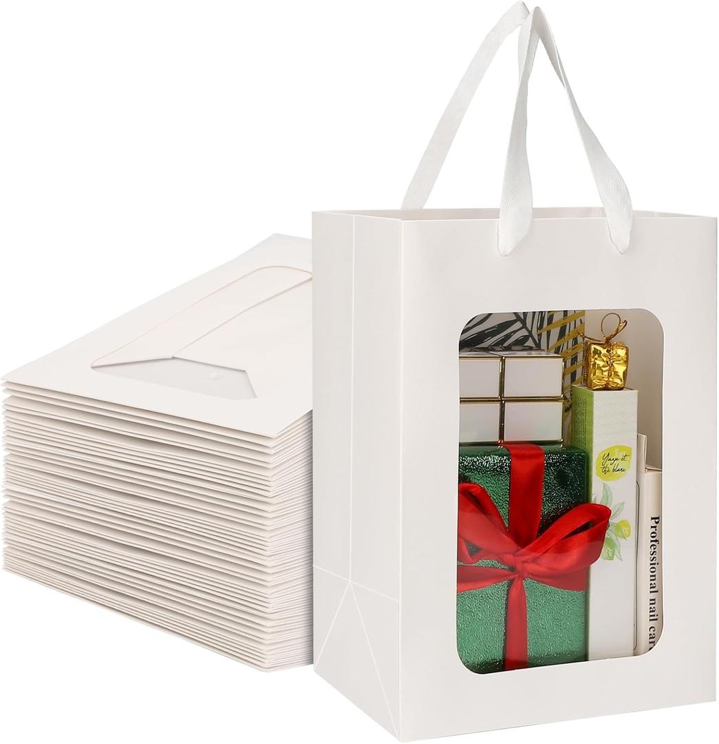 EUSOAR Gift Bag with Window, 50pcs 7"x5.12"x9.84" White Kraft Paper Tote Shopping Bags with Transparent Window, Clear Bouquet Gift Bags With Handle for Gift Wrapping Festival Bridal Party Gifts