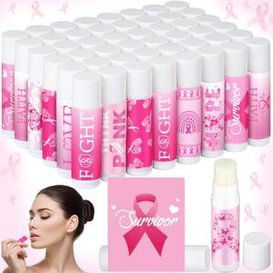 Siifert 50 Pcs Breast Cancer Awareness Lip Balms Bulk Small Pink Ribbon Thank You Gifts Set Breast Cancer Awareness Bulk Items Natural Moisturizing Lip Care Product Survivor Gifts for Women
