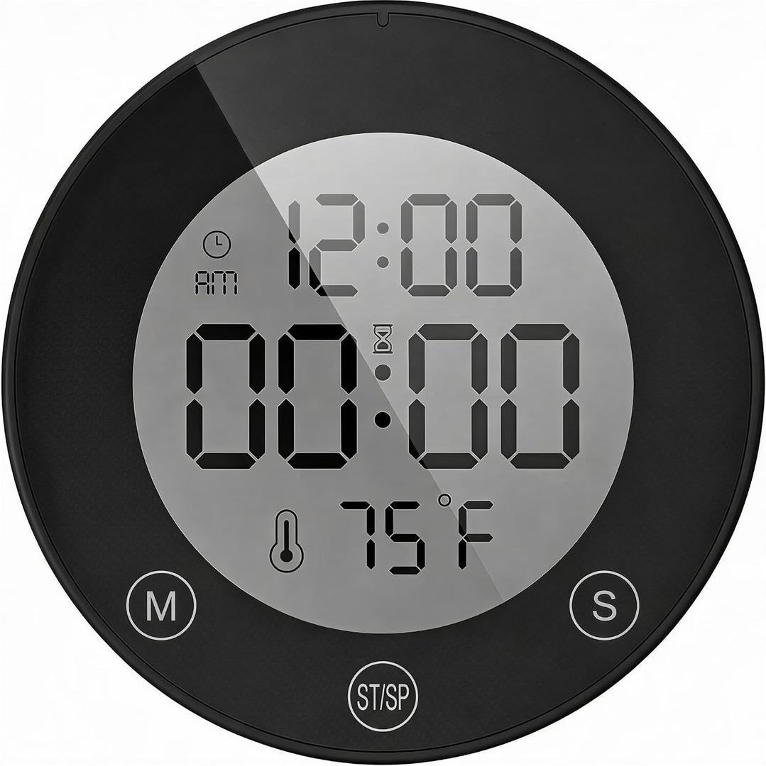 KADAMS Shower Timer Clock Waterproof Bathroom Timer Digital Wall Clock with Countup Countdown, Magnetic Kitchen Timer Clock with Temperature, Suction Cup for Kids Shower Spa Cook Bath (3.54'' Black)