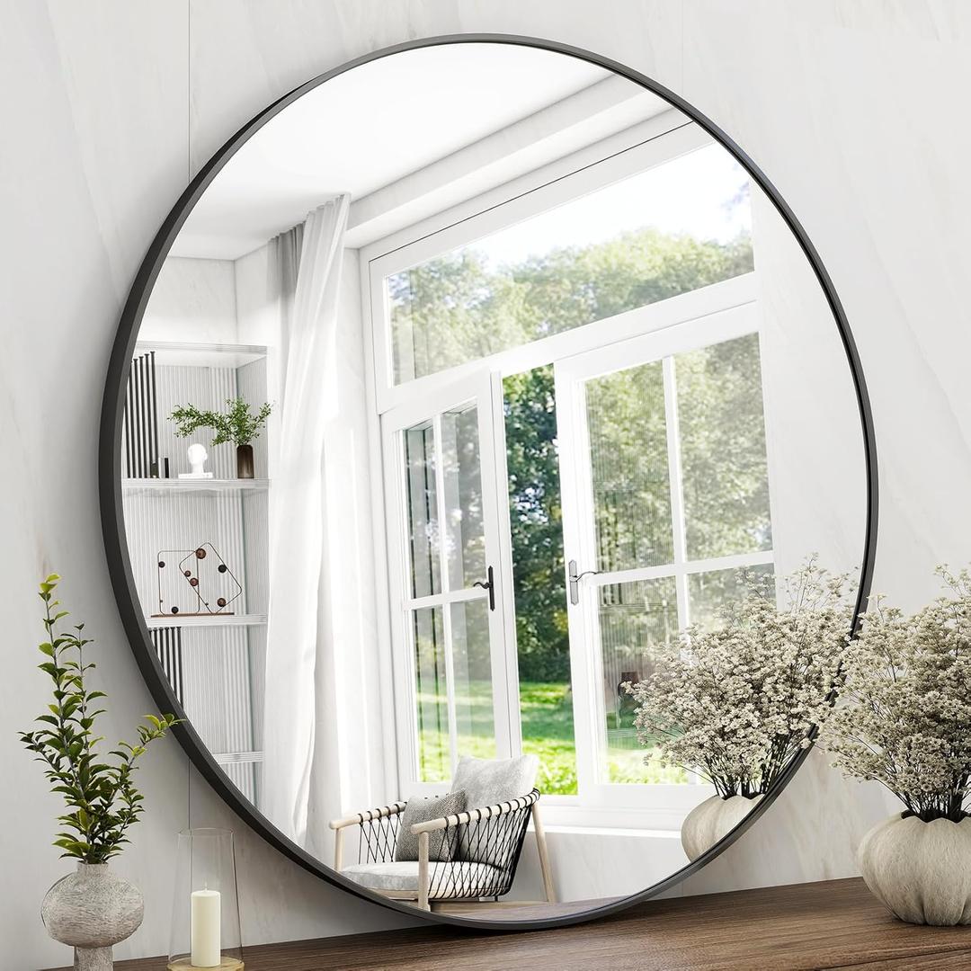 42 Inch Round Bathroom Mirror - Black Wall Mounted Circle Mirror with Metal Frame, Modern Round Hanging Mirror Suitable for Bathroom, Vanity, Entryway, Living Room