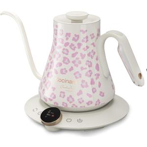 Cocinare Color-changing Collection Blush Leopard Gooseneck Electric Kettle, 0.5 Precise Temperature Control for Pour-Over Coffee & Tea, Quick Heating 1500W, Stainless Steel Interior, 0.9L