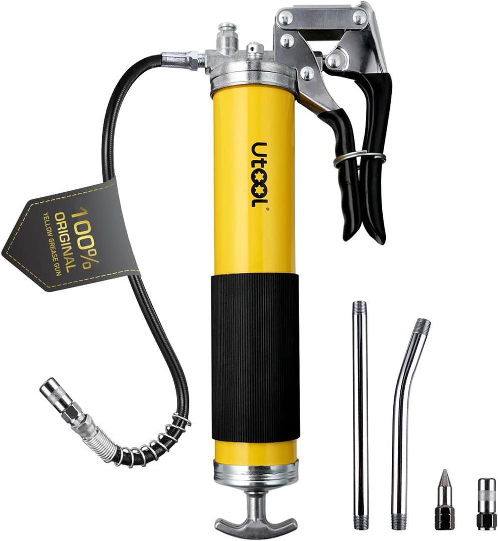 UTOOL Grease Gun, 8000 PSI Heavy Duty Pistol Grip Grease Gun Kit with 14 oz Capacity, 18 Inch Resin Flex Hose, 2 Basic Coupler, 2 Extension Rigid Pipe and 1 Sharp Type Nozzle, Argent Matte Finish (7PCS_M_Yellow)