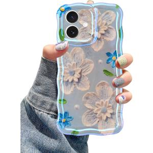 Jusy Compatible with iPhone 12, Colorful Retro Oil Painting Printed Flower Laser Glossy Pattern Cute Curly Wave Phone Case Soft TPU Cover for Girly Women - Blue Flower