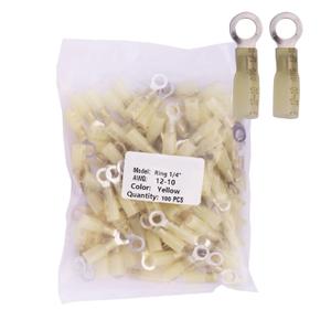 100PCS Yellow 1/4" Heat - Shrink Ring Connectors, AWG 12-10 Gauge Tinned Red Copper 0.7mm Ring Terminals Connectors  an Efficient and Reliable Electrical Connection