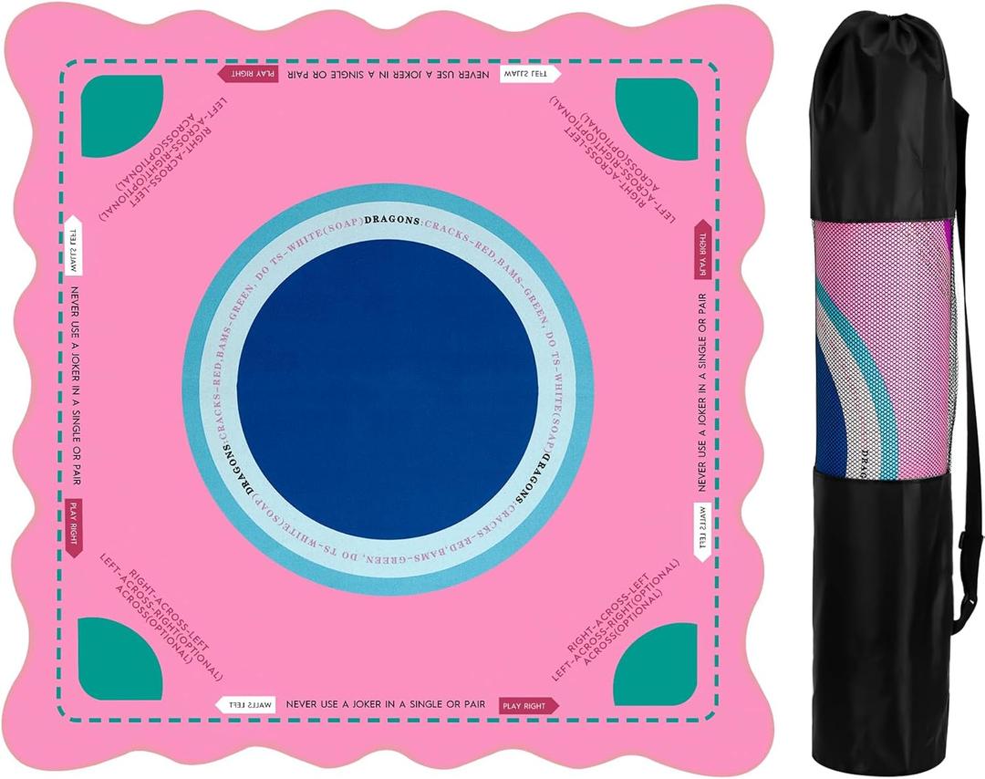 Scalloped Mahjong Mat for Table31.5 x 31.5 Inch Noise Reduction Anti-Slip Mahjong Table Mat with Black Carrying Bag for Poker, Card, Board Games Table Mat, Tile Games, Dominoes (Pink)