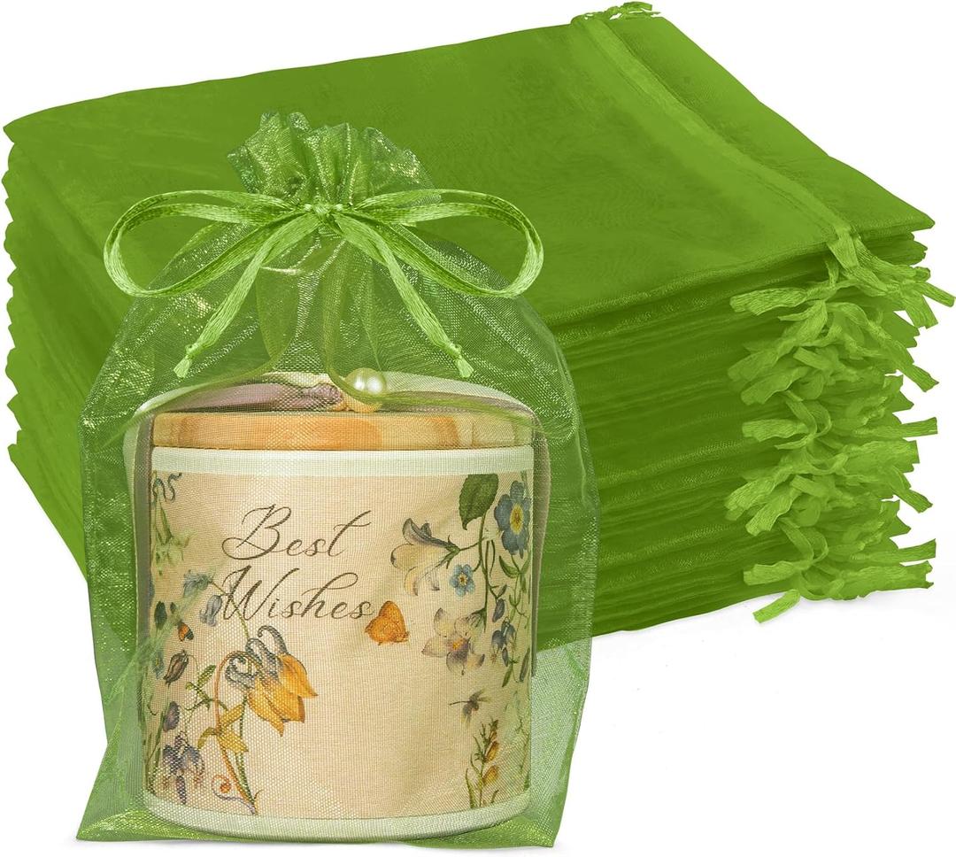 Crweety 6x9 Inch Olive Green Organza Bags 50 Pcs, Large Mesh Gift Bags Drawstring, Jewelry Treat Mesh Bag Drawstring for Easter Gifts Wedding Party Favors Baby Shower Saint Patrick's Day