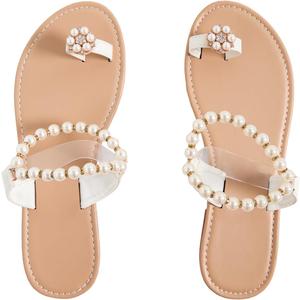 GORGLITTER Women's Clear Pearl Sandals Dressy Toe Ring Rhinestone Slide Wedding Vacation Bridal Flats Sandal 2025 (Beige)
