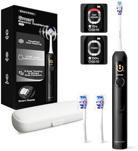 SAKYPRORAL Electric Toothbrush with AI Smart Screen for Adults Kids Teens | 150-Day Battery, Real-Time Brushing Map | Whitening Mode, 3-Min Timer, Travel Case | Family Sonic Toothbrush (G5S Black)