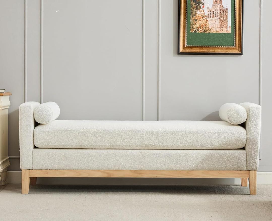 KEIKI Oversize Boucle Bench Ottoman with 2 Bolster Pillows & Wood Legs, Upholstered End of Bed Daybed Seating, Foot Rest Stool Furniture for Bedroom, Living Room, Entryway, Ivory Natural (Large-66.34"W)