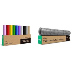 Cricut Value Permanent Vinyl, Rainbow Roll Sampler  10ct of 5ft Rolls (12in x 5ft) Value Perforated Linerless Transfer Tape (12in x 75ft)