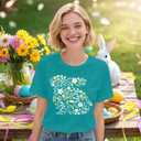 Ascrazy Easter Shirts for Women Cute Floral Bunny T-Shirt Easter Day Tee Tops Cyan