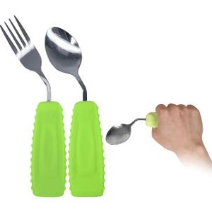 Adaptive Utensils Angled Spoon and Fork for Hand Tremors Parkinsons,Weighted Utensils with Non-Slip Easy Grip Handles for Independent Eating (1pcs Spoon+1pcs Fork=2 pcs,Green,Right Hand)