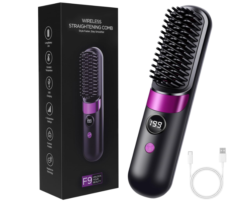 LOPHE Hair Straightener Brush,Cordless LED Display 4 Temperatures 3D Anti-Scald Teeth,140C to 199C, Fast Heating, for Travel and Home, All Hair Types, Portable, Rechargeable, Smooth Finish