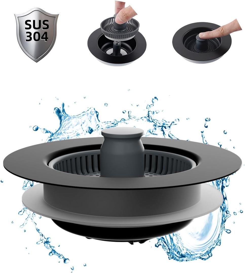 Hibbent Upgraded 3 in 1 Kitchen Sink Drain Strainer and Stopper Combo, Stainless Steel Metal Pop Up Sink Stopper, Anti-Clogging Basket Strainer with Handle for US Standard 3-1/2 Inch Drain, Black