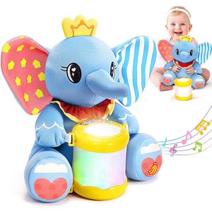 V-Opitos Stuffed Elephant Musical Toys for Baby 6-12 Months+, Early Learning Light up Music Drum, Perfect Christmas Birthday Gifts for Boy & Girl Age 1, 2 Years Old