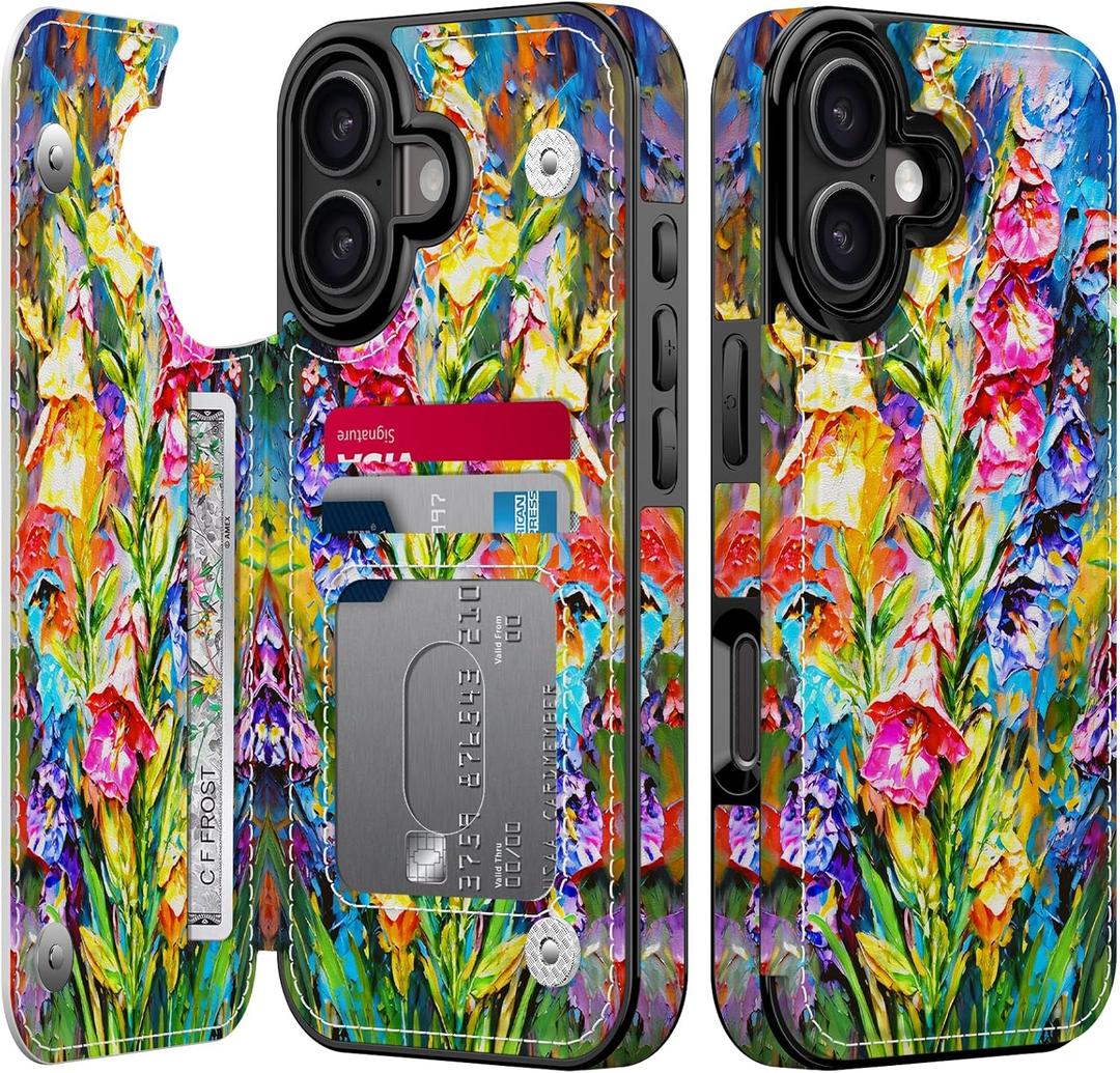 FUNMIKO for iPhone 17 Wallet Case with Card Holder + Cash Clip, RFID-Blocking, Military-Grade Drop Protection & UV-Printed Artwork, Magnetic Closure with Leather Kickstand - Vibrant Flower Portrait
