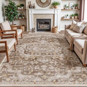 DEXI Area Rugs for Living Room, 8x10 Washable Low Pile Vintage Rug for Bedroom, Non Slip Indoor Carpet for Dining Office Nursery, Brown Beige