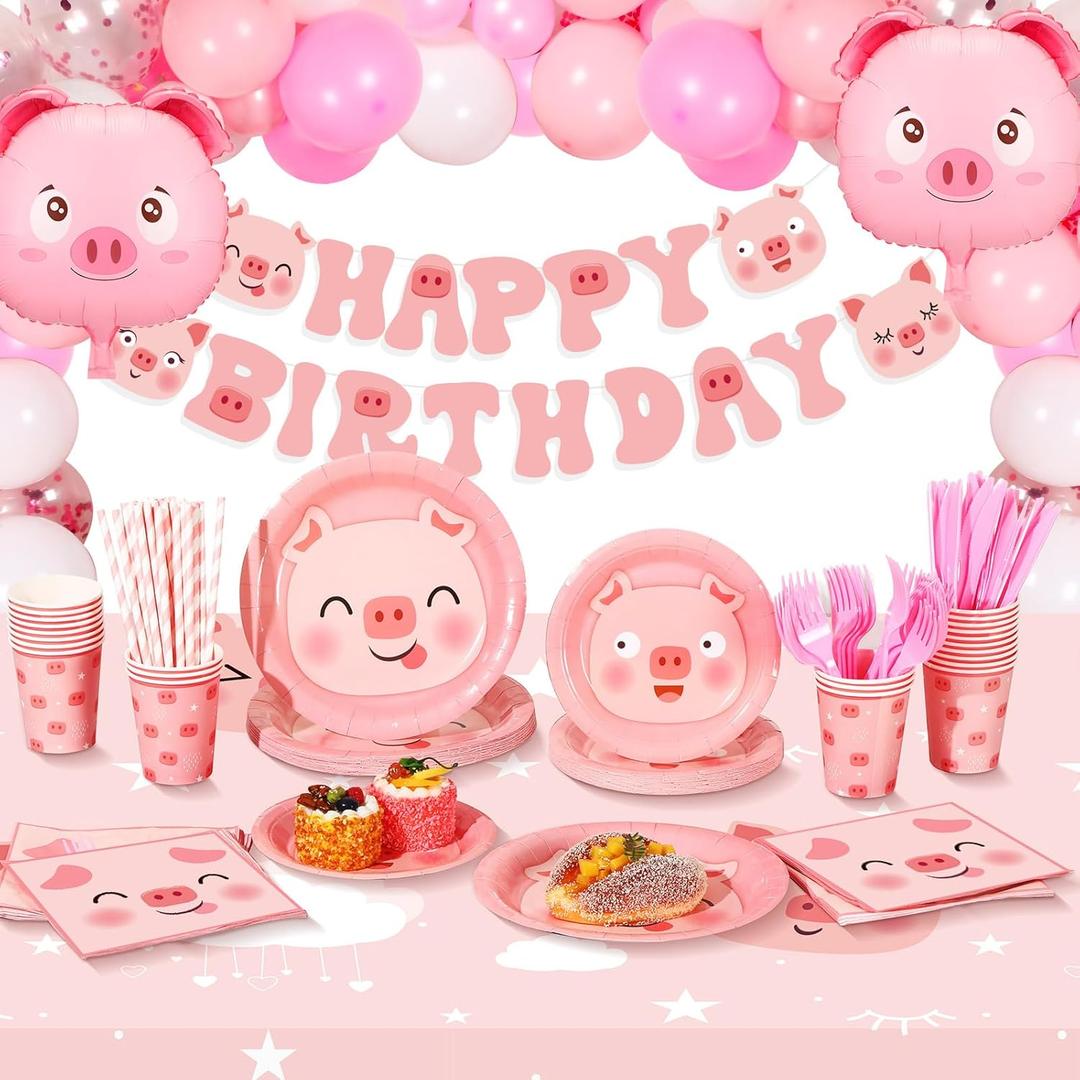 Lenwen Pig Party Supplies Set - 275 Pcs, Includes Pig Tableware, Farm Animal Banner, Latex Balloons for Cute Birthday Party Favor, 24 Guests