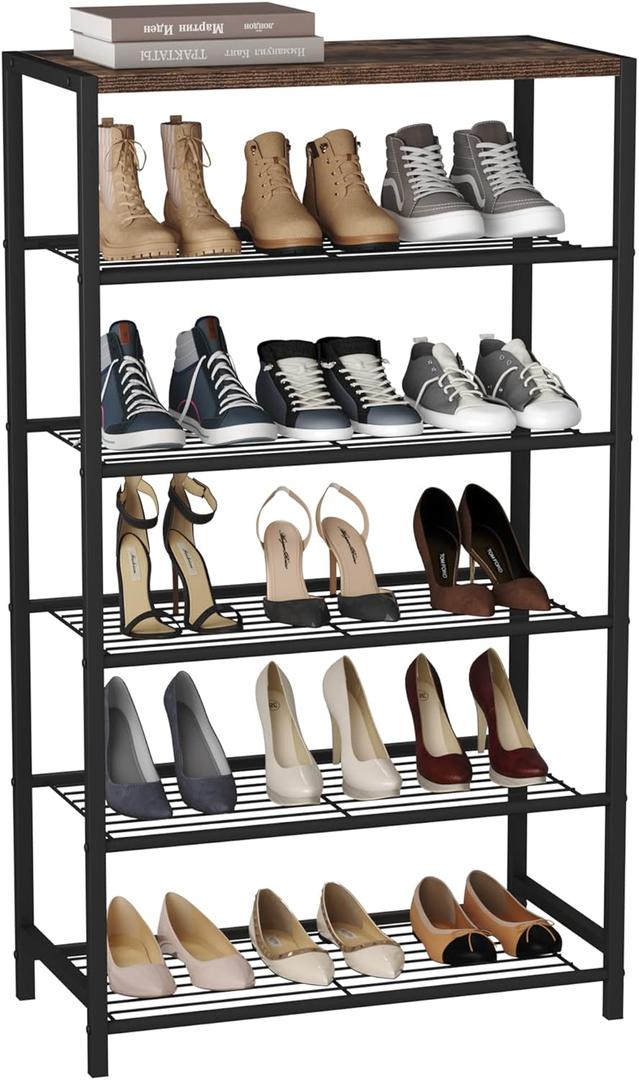 HOMEFORT Shoe Rack 6-Tier, Shoe Storage Shelf, Industrial Shoe Tower, Narrow Shoe Organizer for Closet Entryway, Small Shoe Rack Table with Durable Metal Shelves, Rustic Brown (6-Tier (11.8"D x 23.23"W x 40.55"H))