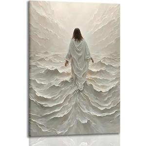 Framed Jesus Wall Art, White Christian Wall Decor, Jesus Walking On Water Poster Prints, Minimalist Christian Biblical Wrapped Canvas Artwork for Church Prayer Room Hospitals 16x24in