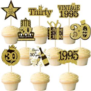 Gyufise 36Pcs Happy 30th Birthday Cupcake Toppers Glitter Black Gold Thirty Hello 30 Vintage 1995 Cupcake Picks Cheers to 30 Years 30 Fabulous Cake Decorations for 30th Birthday Party Supplies