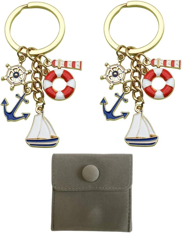 2pcs Sailboat Keychain with Lighthouse, Lifebuoy, Anchor, Maritime-Inspired Bags Charms Accessory birthday Gifts with gift bag