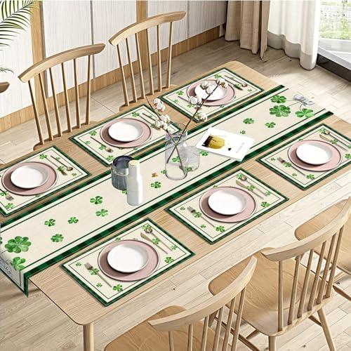 Emvency St Patrick's Day Table Runner and Placemats Set of 6, Lucky Shamrock Vase Spring Green Holiday Decorations for Dining Decor(1 Table Runner 72 inches Long and 6 Placemats)