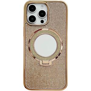 Caseative for iPhone 14 Case,Glitter Bling Diamond Mirror with Stand Holder Magnetic Compatible with MagSafe Wireless Charging (Gold,14)