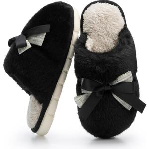 Cute Women's Memory Foam House Slippers - Fuzzy Plush Faux Fur Slippers with Bow Butterfly Tie - Anti-Skid Indoor/Outdoor Gifts for Women, Moms & Ladies (38-39, Black)