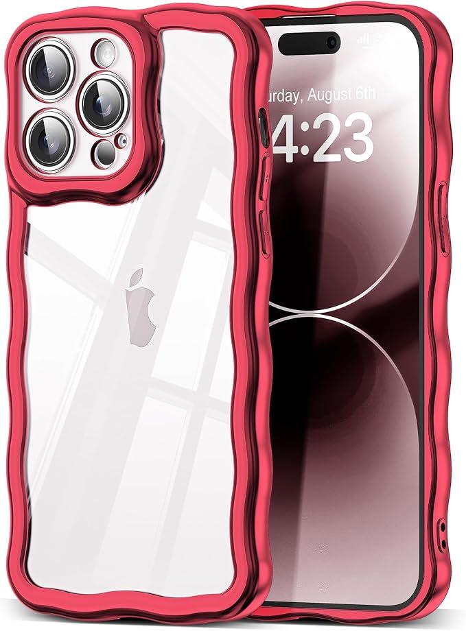 SKYLMW Compatible with iPhone 14 Pro Max Case, Kawaii Cute Curly Wave Frame Luxury Plating Edge, Stylish Glossy Clear Back, Soft TPU Shockproof Protective Cases for iPhone 14 Pro Max, Red
