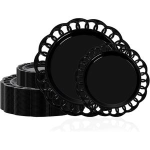 COLOSUS 60pcs Black Plastic Plates Set,Fancy Baroque Plates,Elegant Lace Rim Disposable Plates,Plastic Plate for Party include 30 Dinner plates and 30 Dessert plates for Halloween,Party,Wedding