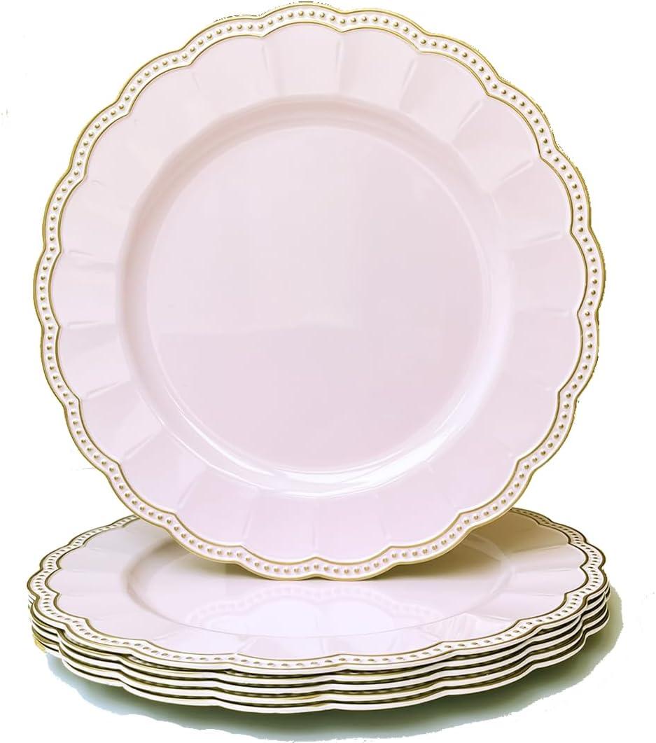 Pink Round Charger Plates,13 Inch Metallic Chargers for Dinner Plates, Gold Bead Rim Plastic Chargers For Dining, Wedding, Party, Shower. 6 Pack Decorative Holiday Tabletop Decor