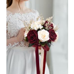 YSOJMAN Bride Bouquets for Wedding Burgundy Artificial Flowers Roses Tossing Bouquet for Bridesmaid for Wedding Ceremony Anniversary