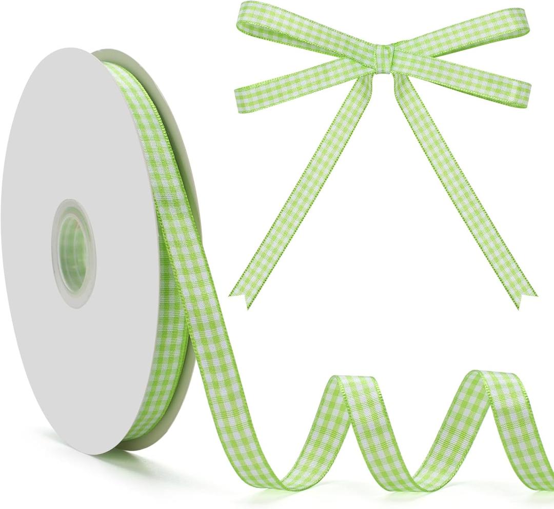 Gingham Ribbon, Light Green and White Plaid Checkered Ribbon 3/8 inch x 50 Yards, Light Green Buffalo Checker Ribbons for Gift Wrapping, Hair Bows, Picnic, Crafts, DIY Accessories