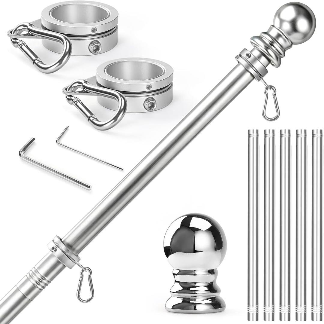 Anovo Flag Pole for Outside House - Stainless Steel 6 FT Flag Poles Kit with1 Inch Metal 360 Rotating Rustproof Flag Pole Rings for Outside House Porch 3x5 Flag Without Holder (6 FT-Sliver)