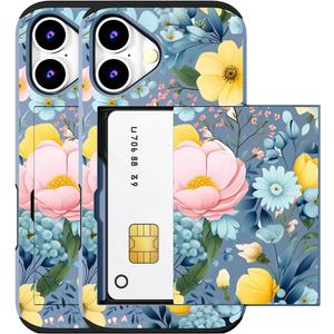 Compatible for iPhone 17 Case with Card Holder Cute - Kawaii Design Military-Grade Drop Protection Rugged Wallet Cases for Women (Blue Peony Flowers)