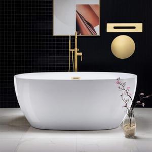 WOODBRIDGE 59"Freestanding White Acylic Soaking Bathtub with Brushed Gold Drain and Overflow,BTA1518 -BG-Drain &O